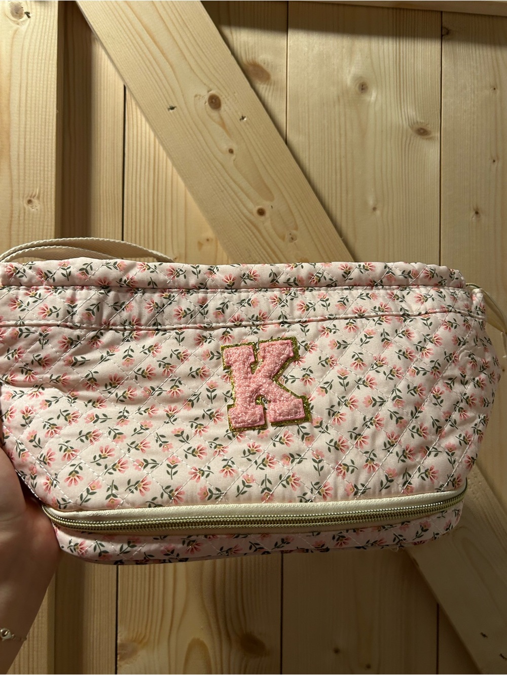 Quilted Pink Floral Cosmetic Bag with 'K' Patch